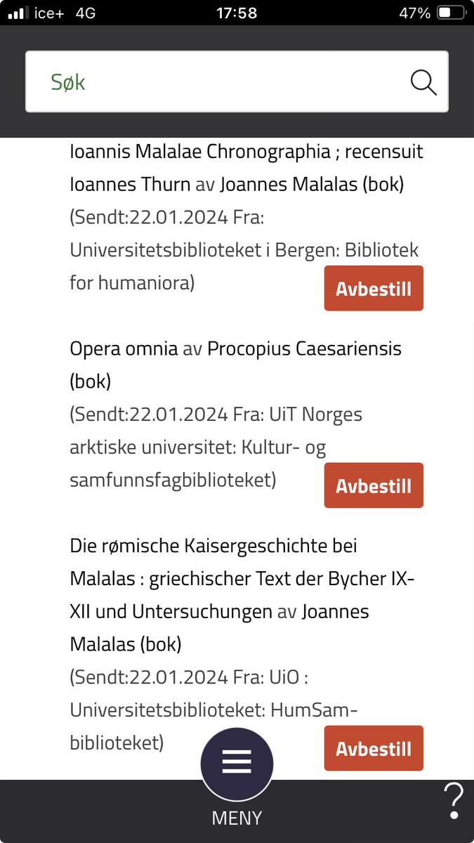 Fjernlån bestilt fra tre universitetsbibliotek, i bibliotekappen